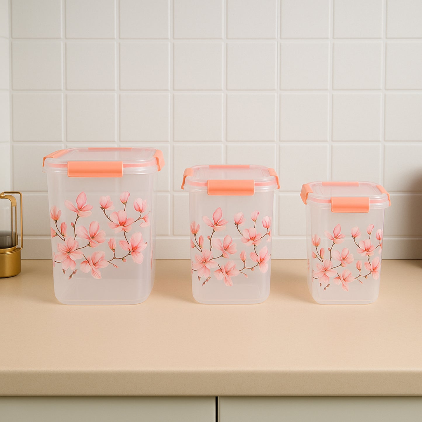 Square 3 Pcs Floral Printed Airtight Storage Container Set Approx 2.8 Ltr 4.5 Ltr 6.9 Ltr (3 Pcs Set) - Shop Gharse