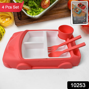Kids Car Shaped Plates Cup Lunch Box Dinnerware Set (4 Pcs Set 1000 Ml Lunch Box) - Shop Gharse