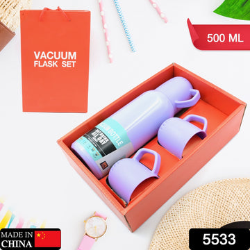 5533 Vacuum Flask Set Stainless Steel Thermos With 3 Cup Creative Gift Set With Cover Handle Portable Car Water Bottle Set (Approx 500ml) - Shop Gharse