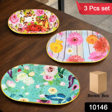 Plastic Flower Printed Design Serving Tray (3 Pcs Set Mix Color) - Shop Gharse