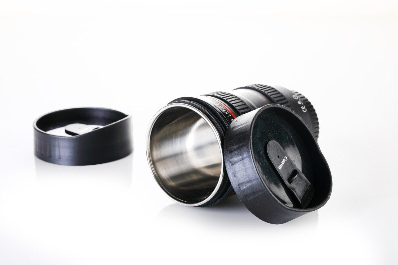 0720 Camera Lens Shaped Coffee Mug Flask With Lid - Shop Gharse