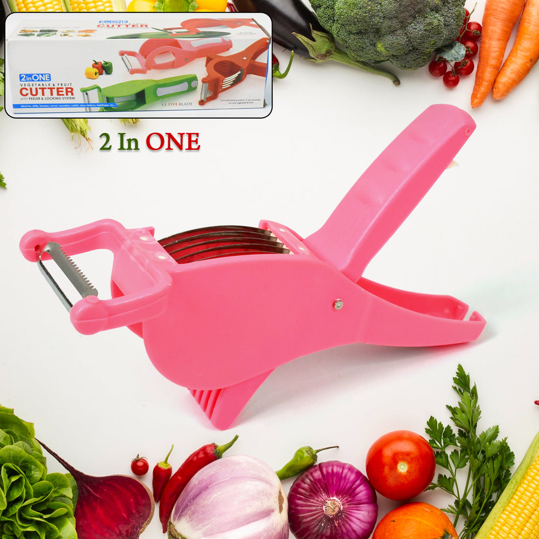 Plastic 2 In 1 Vegetable  Fruit Multi Cutter 5 Blade Vegetable Cutter With Peeler (1 Pc  Multicolor) - Shop Gharse