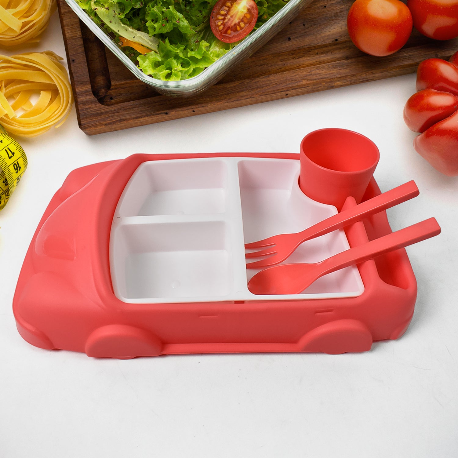 Kids Car Shaped Plates Cup  Lunch Box Dinnerware Set (4 Pcs Set  1000 Ml Lunch Box) - Shop Gharse