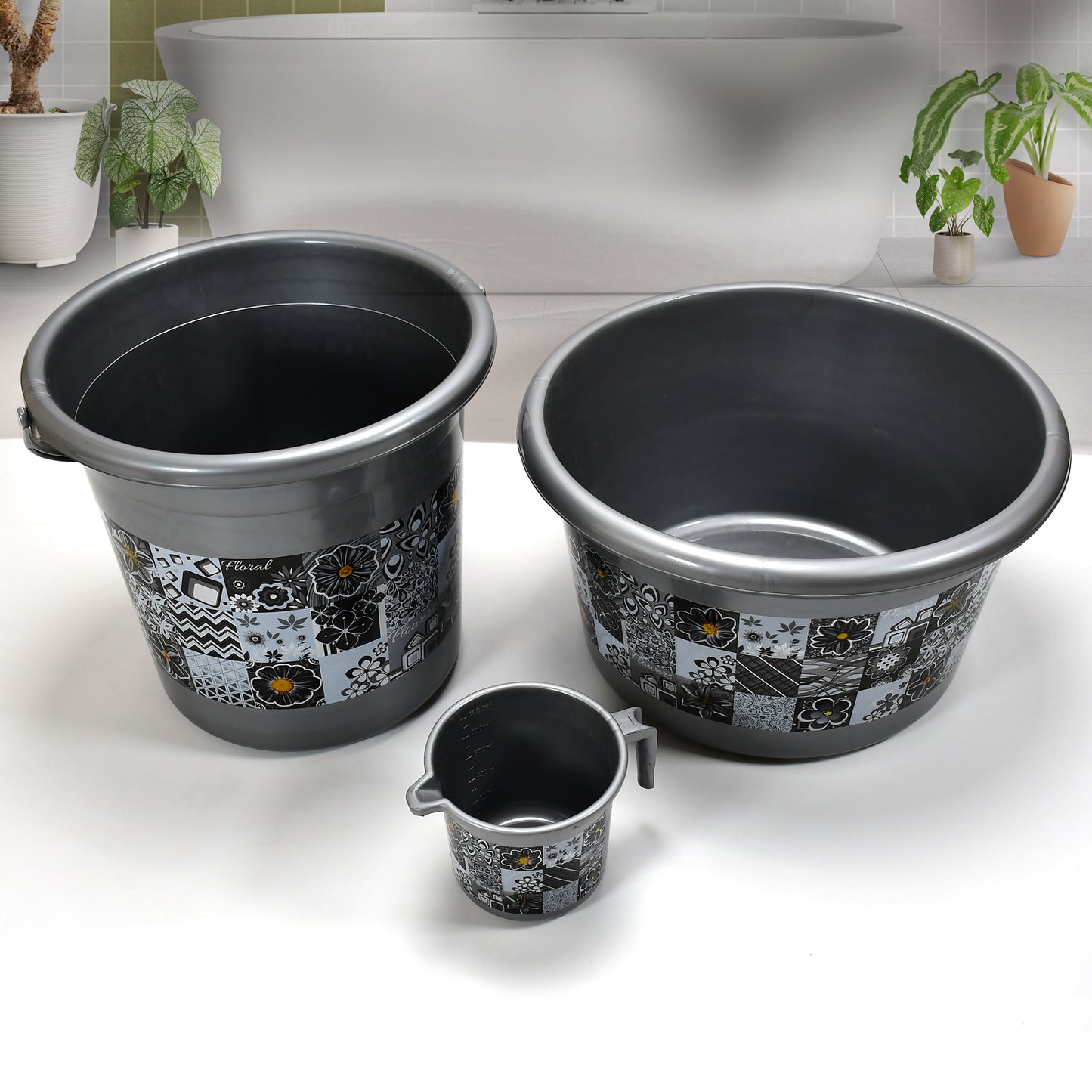4050 Large Capacity Plastic Bathroom Set Of 7pieces (1pc Big Tub 1pc Bucket1pc Dustbin 1pc Mug 1pc Soap Case 1pc Dustpan 1pc Stool) - Shop Gharse