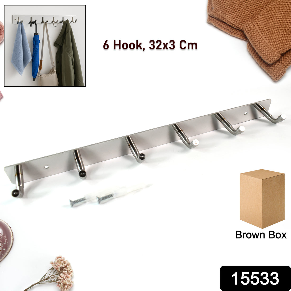 Stainless Steel Wall Mounted Coat 6 Hook Rack (32x3  1pc) - Shop Gharse