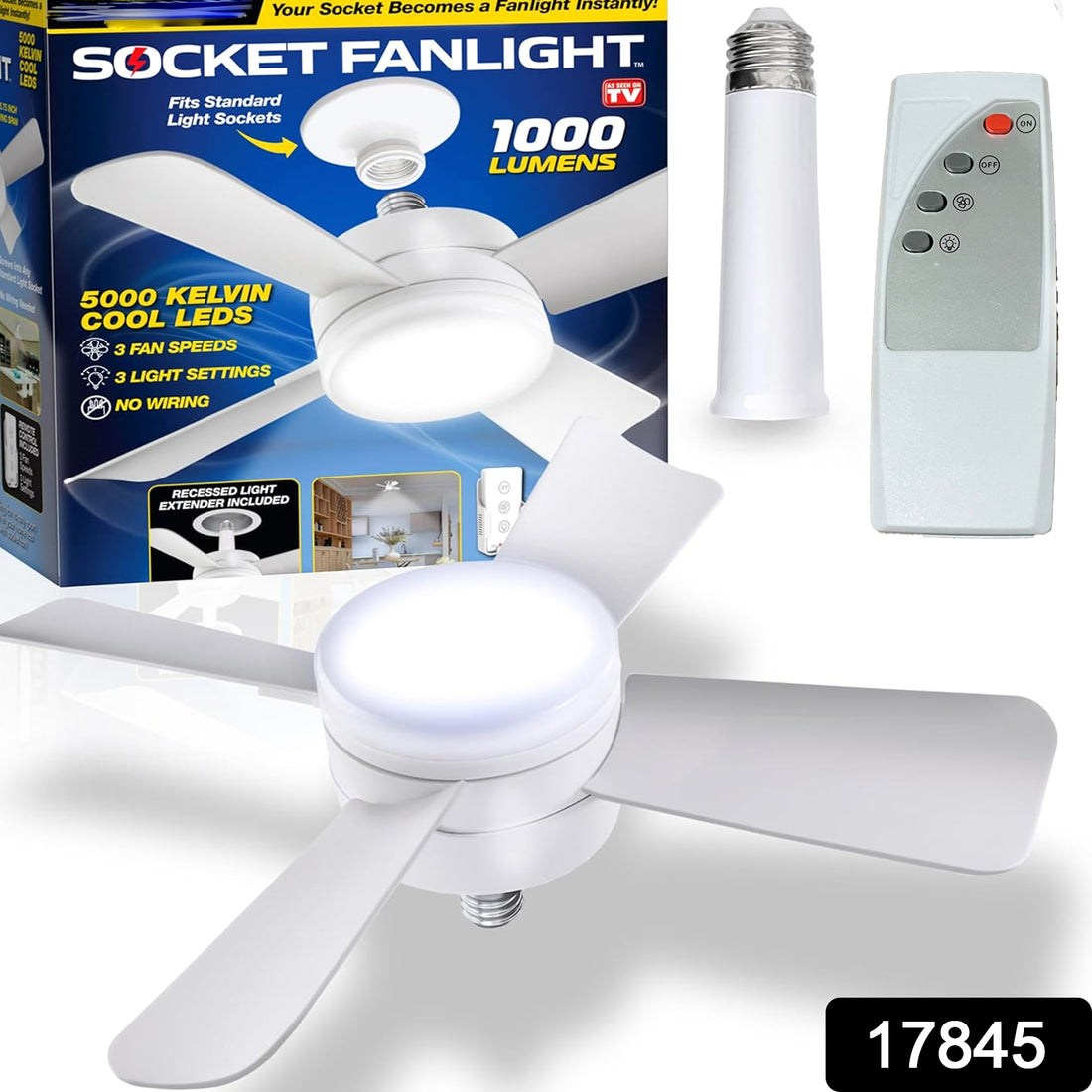 17845 Socket Fan Light Original - Cool Light Led  Ceiling Fans With Lights And Remote Control Replacement For Lightbulb - Bedroom Kitchen Living Room1000 Lumens  5000 Kelvins Cool Leds (Remote Battery Not Included) - Shop Gharse
