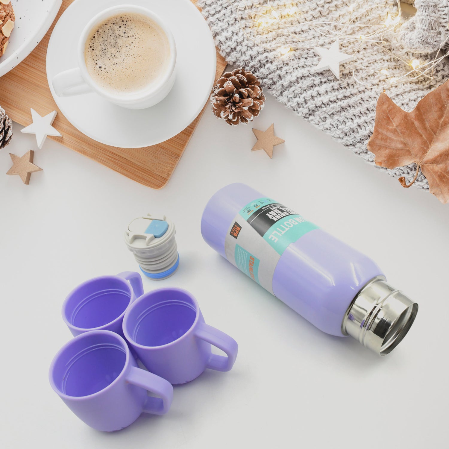 5533 Vacuum Flask Set Stainless Steel Thermos With 3 Cup Creative Gift Set With Cover Handle Portable Car Water Bottle Set (Approx 500ml) - Shop Gharse