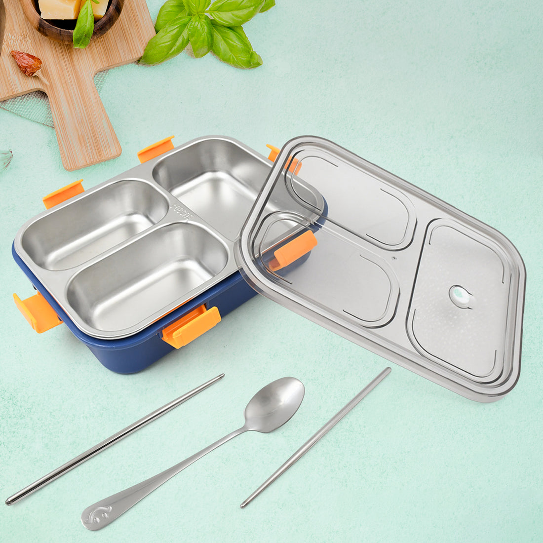 3 Compartment Transparent Stainless Steel Lunch Box With A Spoon And A Pair Of Chopsticks (1 Set) - Shop Gharse