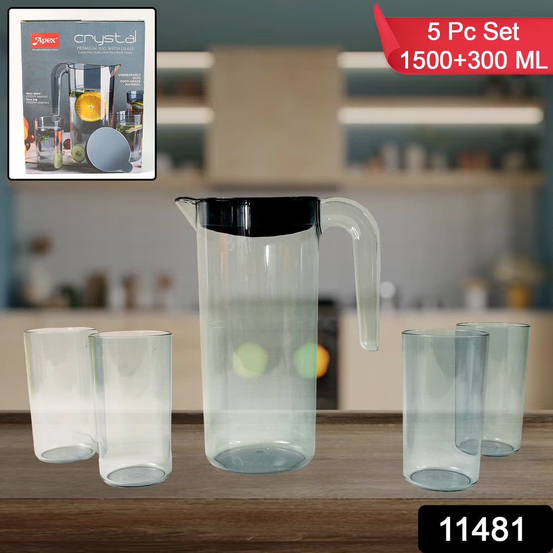 Apex Crystal Premium Jug With Lid  4 Pcs Glass (1500 Ml  300 Ml Approx  5 Pcs Set) - Shop Gharse