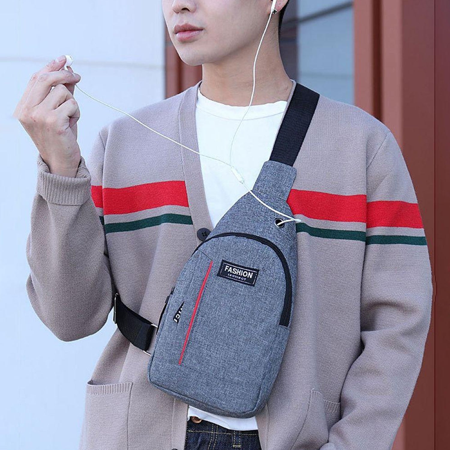 0323 Grey Waterproof Anti Theft Crossbody Fanny Pack Waist Bag Pu Leather Shoulder Bags Chest Men Casual Fashion Usb Charging Earphone Hook Sling Travel Messengers Bag - Shop Gharse