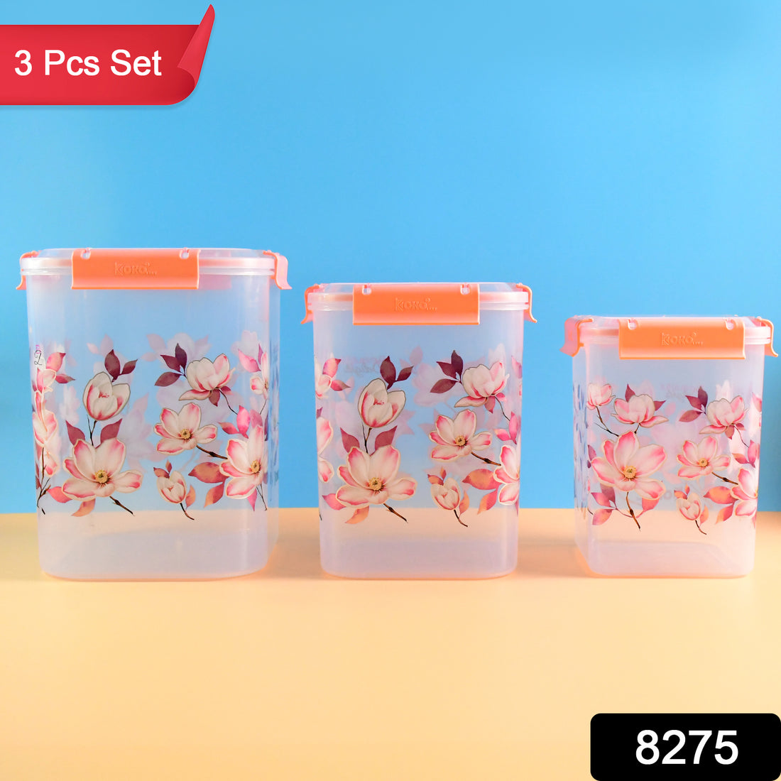 Square 3 Pcs Floral Printed Airtight Storage Container Set  Approx 2.8 Ltr 4.5 Ltr 6.9 Ltr (3 Pcs Set) - Shop Gharse