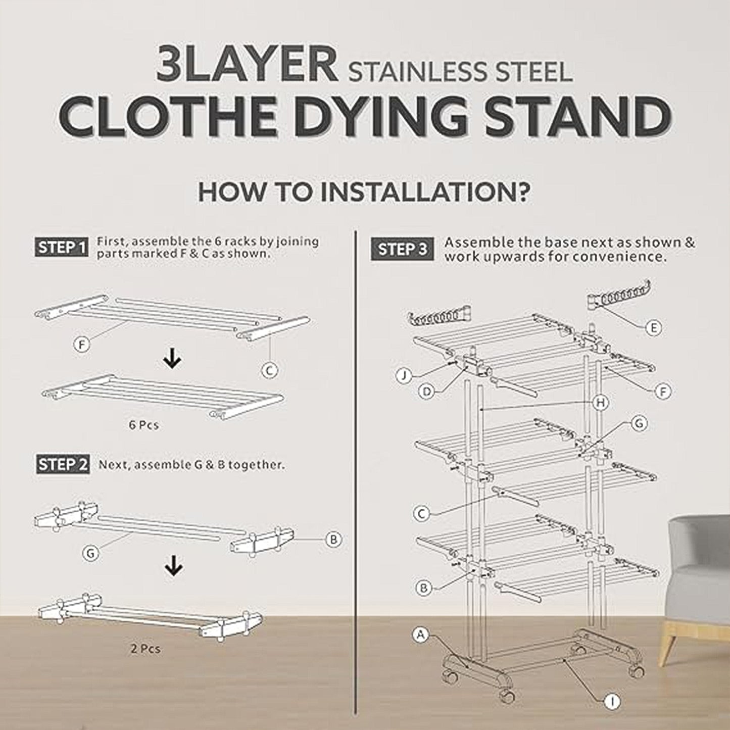 3-tier Foldable Stainless Steel Cloth Drying Stand With Wheels - Shop Gharse