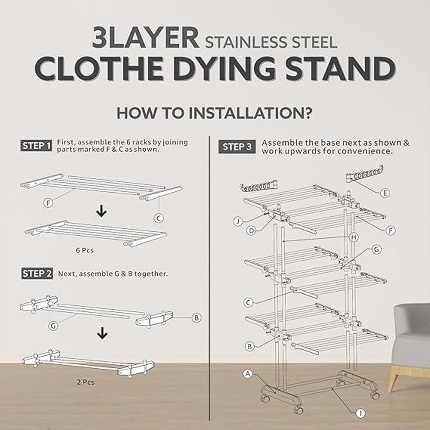 3-tier Foldable Stainless Steel Cloth Drying Stand With Wheels - Shop Gharse