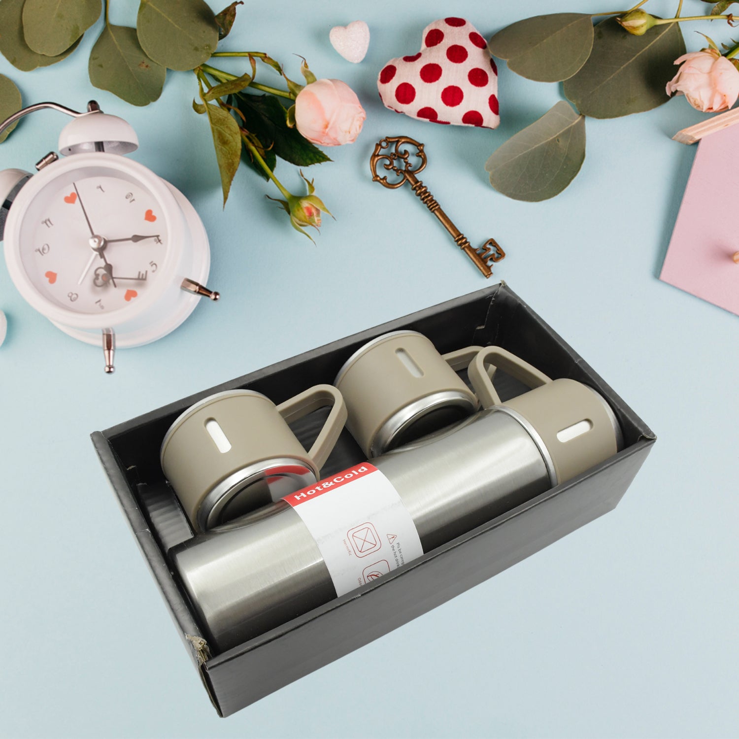 2834 Stainless Steel Vacuum Flask Set With 3 Steel Cups Combo For Coffee Hot Drink And Cold Water Flask Ideal Gifting Travel Friendly Latest Flask Bottle. (500ml) - Shop Gharse