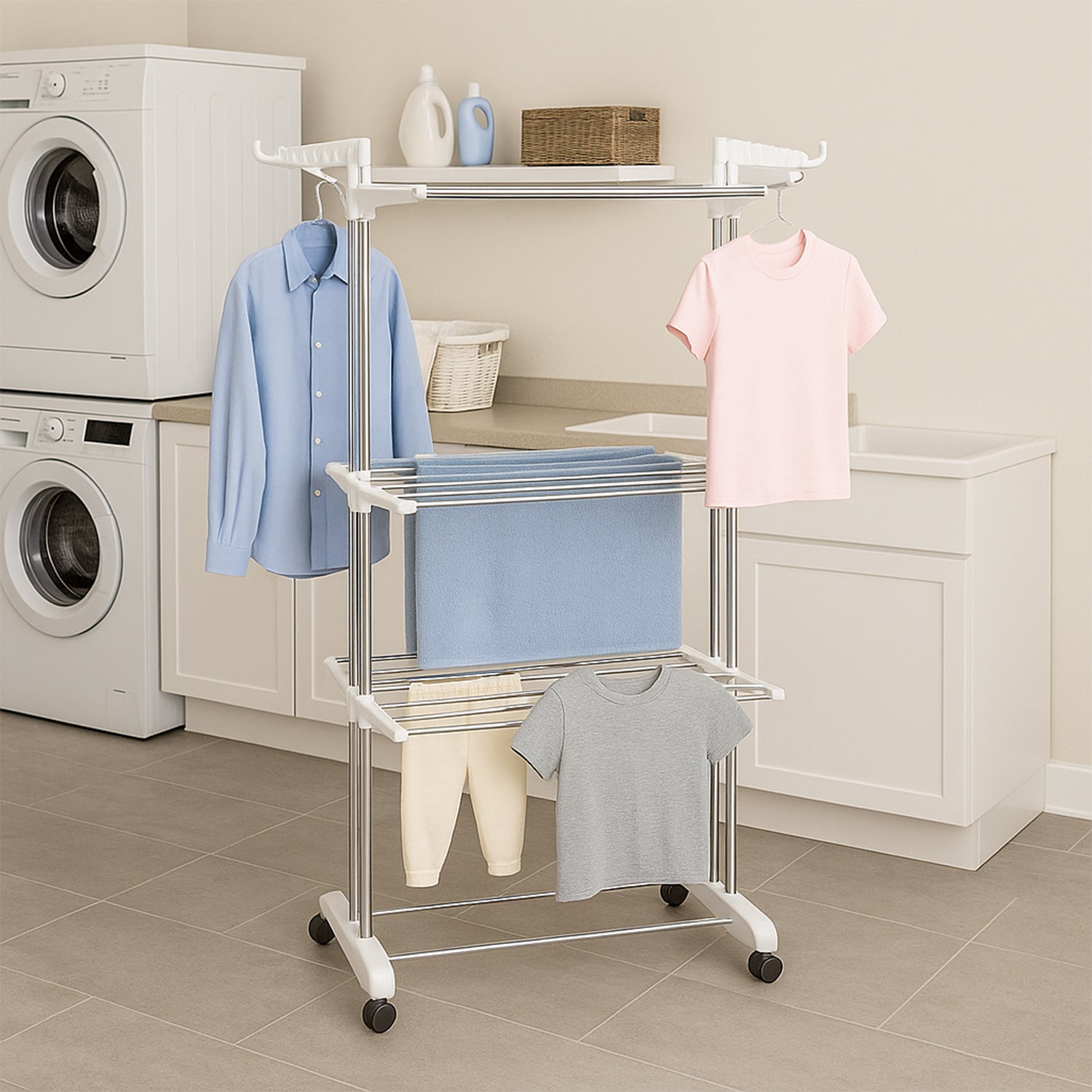 3-tier Foldable Stainless Steel Cloth Drying Stand With Wheels - Shop Gharse