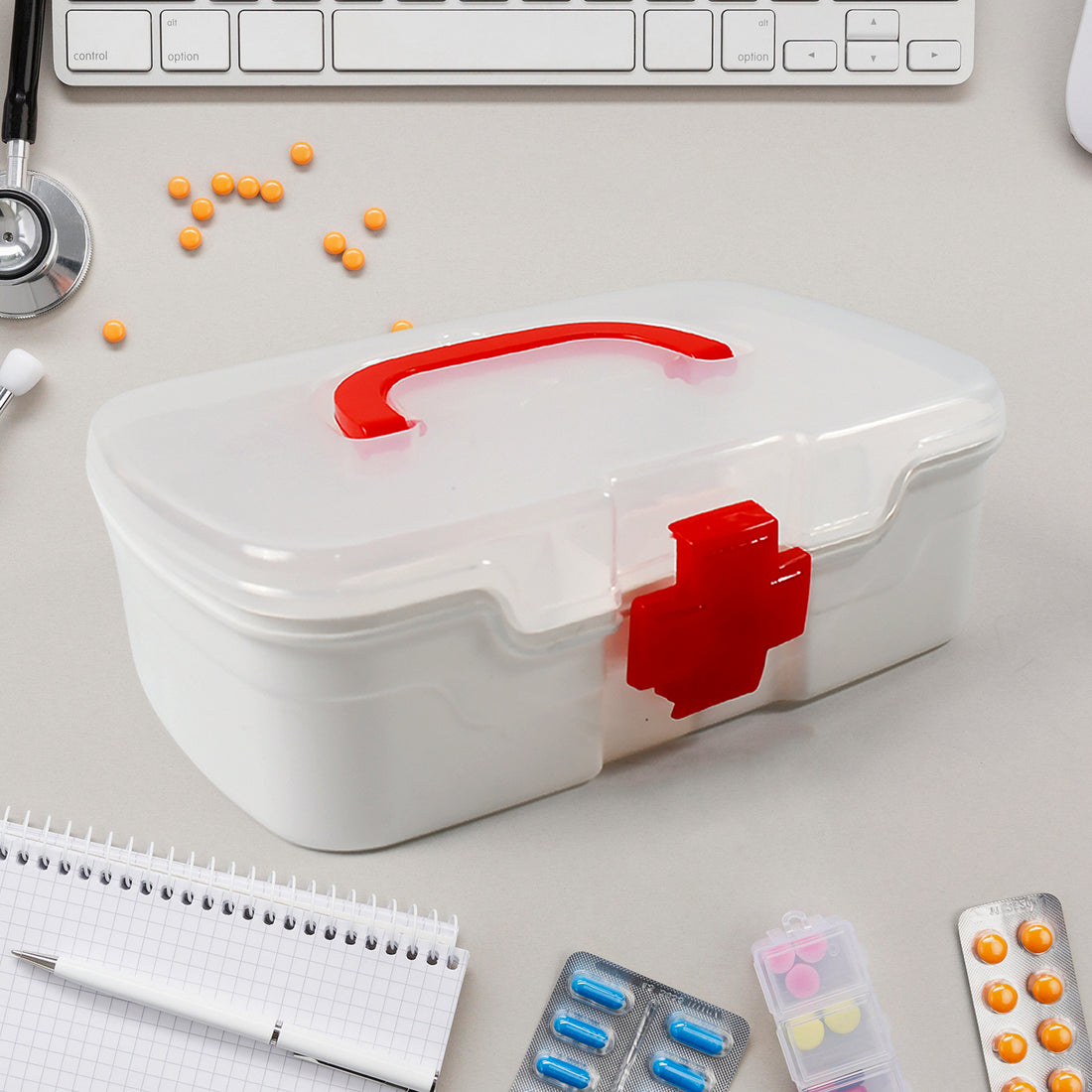 12980 3 Compartment Medical Box 1 Piece Indoor Outdoor Medical Utility Medicine Storage Box Detachable Tray Medical Box Multi Purpose Regular Medicine First Aid Box With Handle Transparent Lid  Color Box - Shop Gharse