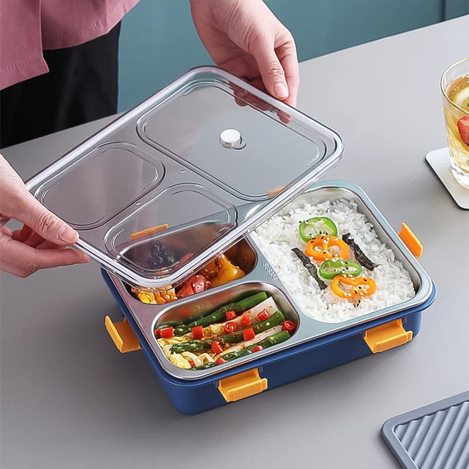 3 Compartment Transparent Stainless Steel Lunch Box With A Spoon And A Pair Of Chopsticks (1 Set) - Shop Gharse