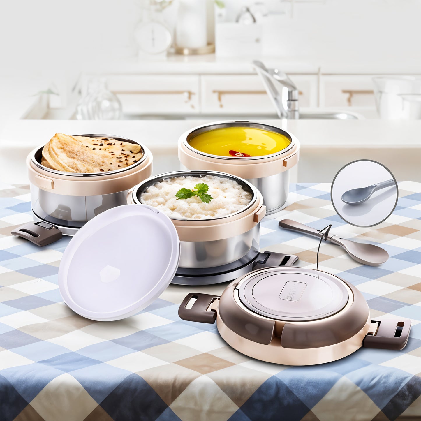 Ganesh Steko-3 Triple Layer Stainless Steel Insulated Lunch Box Set - Shop Gharse