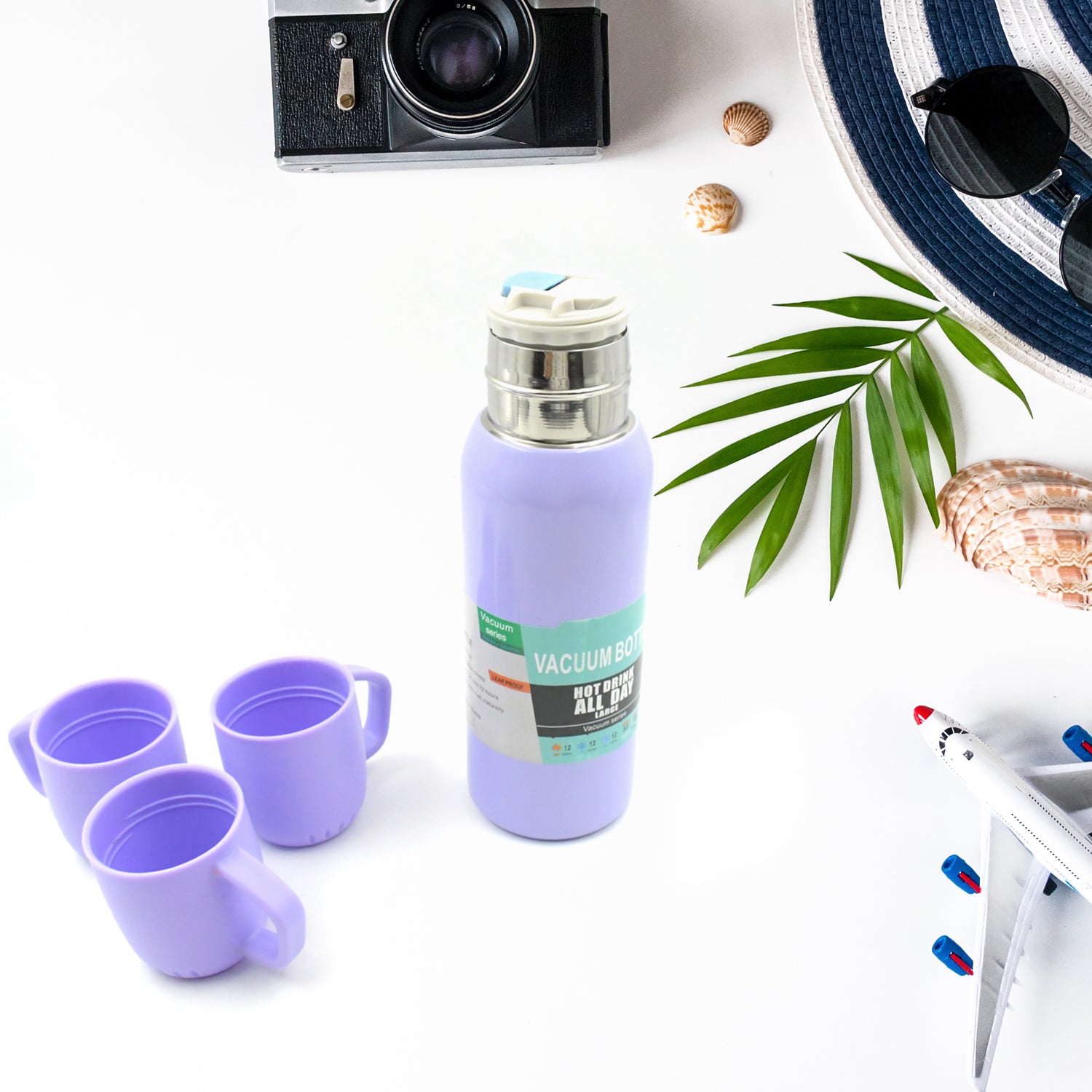 5533 Vacuum Flask Set Stainless Steel Thermos With 3 Cup Creative Gift Set With Cover Handle Portable Car Water Bottle Set (Approx 500ml) - Shop Gharse