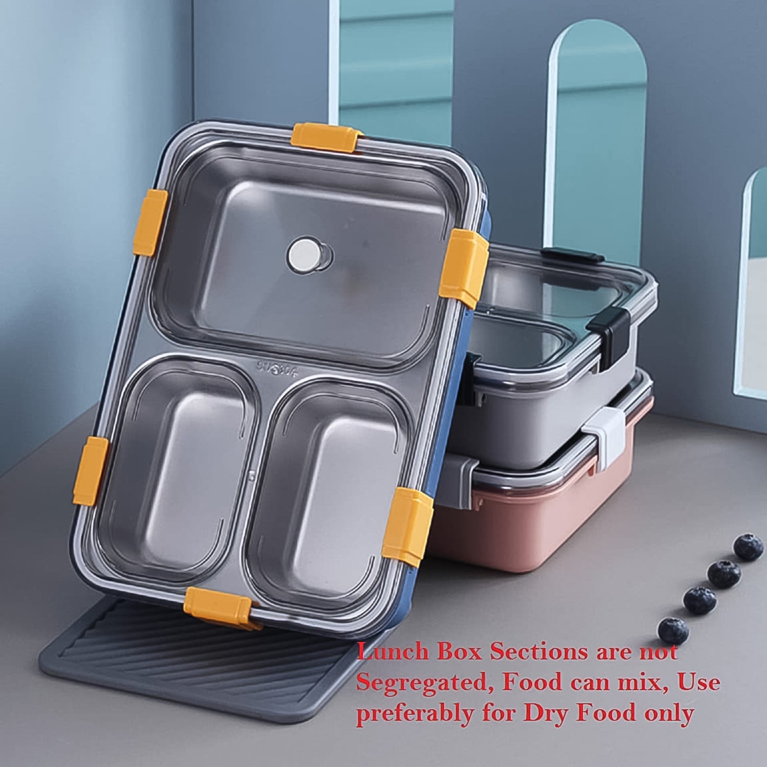 3 Compartment Transparent Stainless Steel Lunch Box With A Spoon And A Pair Of Chopsticks (1 Set) - Shop Gharse