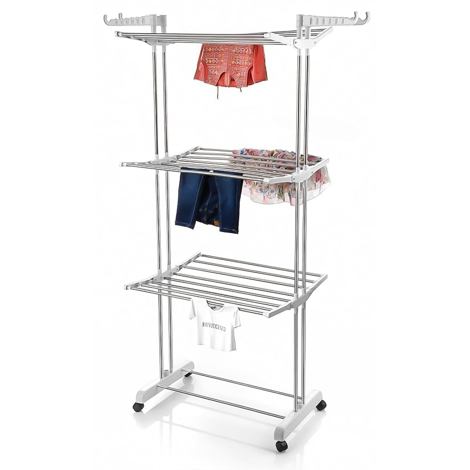 3-tier Foldable Stainless Steel Cloth Drying Stand With Wheels - Shop Gharse