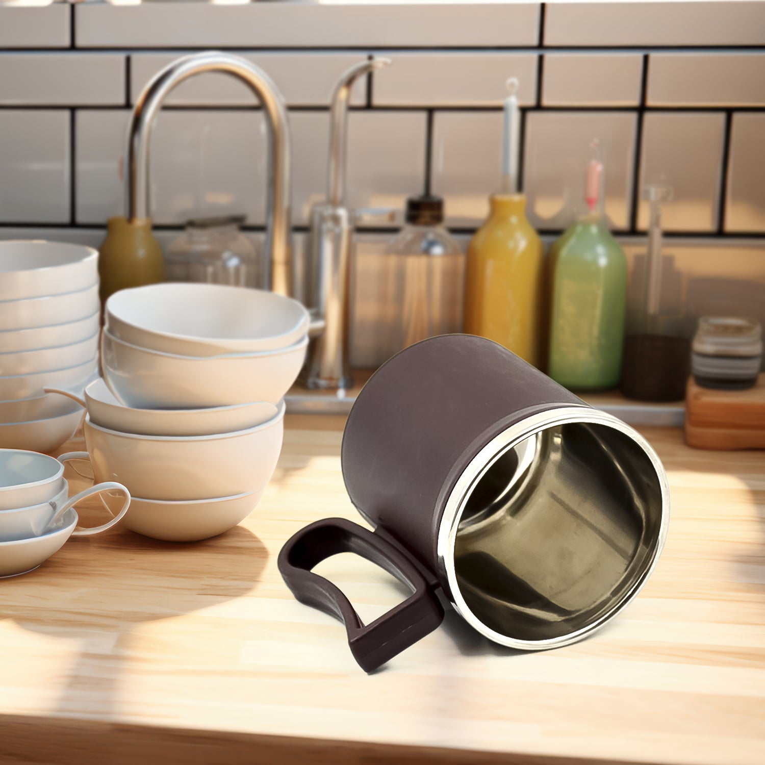 Coffee Mug With Lid And Handle-plastic Covered Stainless Steel Mug (Random Color Approx 200 Ml) - Shop Gharse