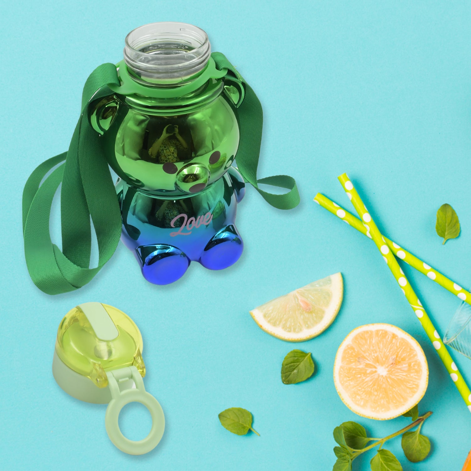 12548  Cute Plastic Water Bottle Straw Bottle With With Adjustable Shoulder Strap And Stickers Portable Drinking Cup Water Bottle For Kids - Shop Gharse