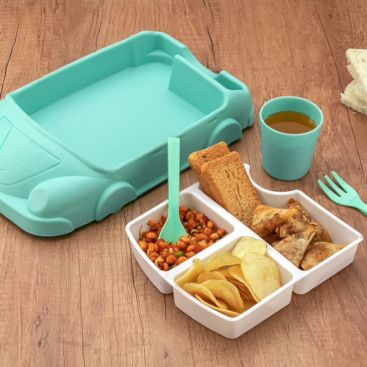 Kids Car Shaped Plates Cup  Lunch Box Dinnerware Set (4 Pcs Set  1000 Ml Lunch Box) - Shop Gharse
