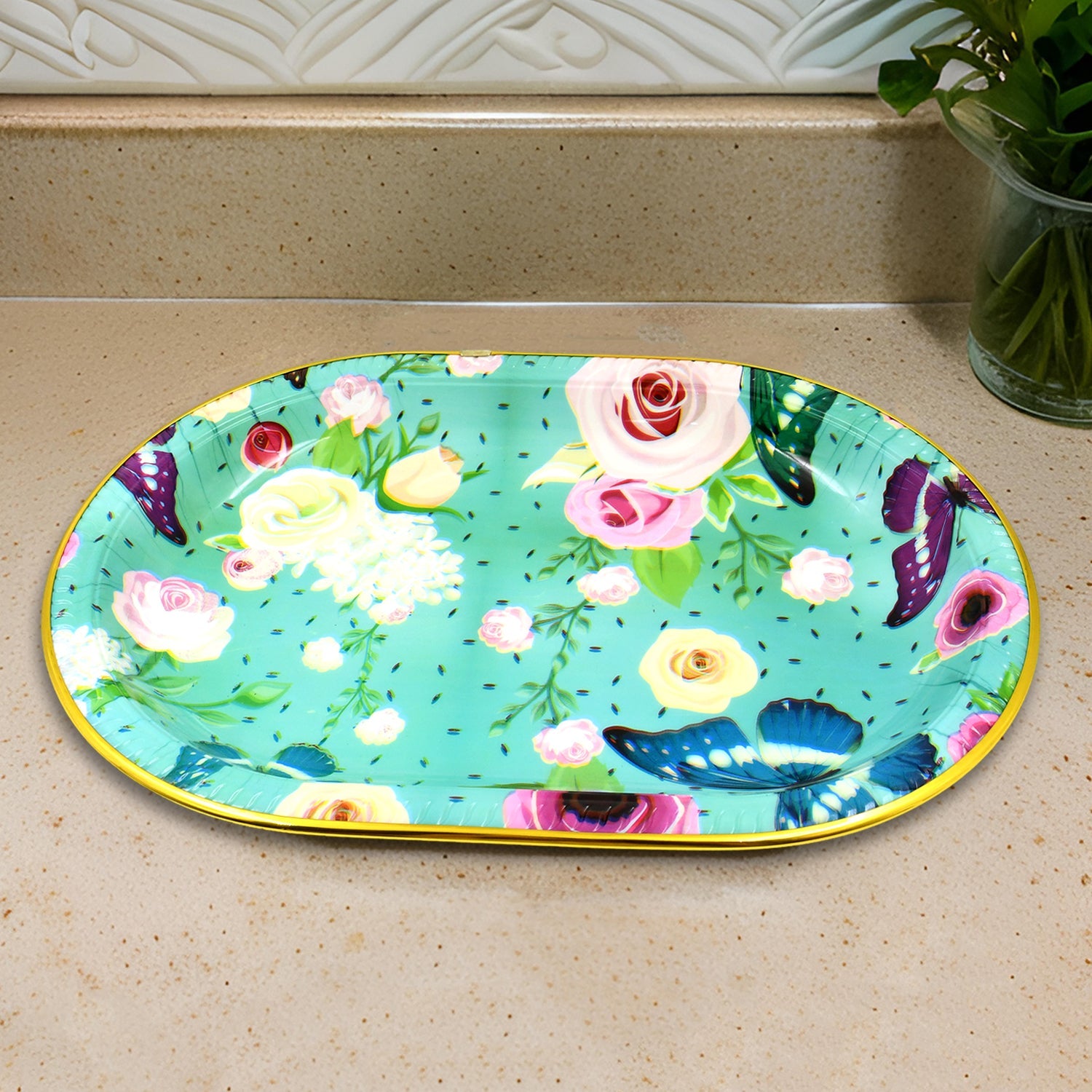 Plastic Flower Printed Design Serving Tray (3 Pcs Set  Mix Color) - Shop Gharse