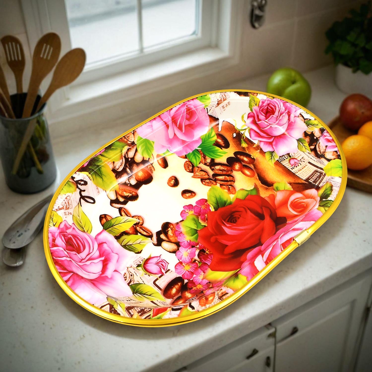Plastic Flower Printed Design Serving Tray (3 Pcs Set  Mix Color) - Shop Gharse