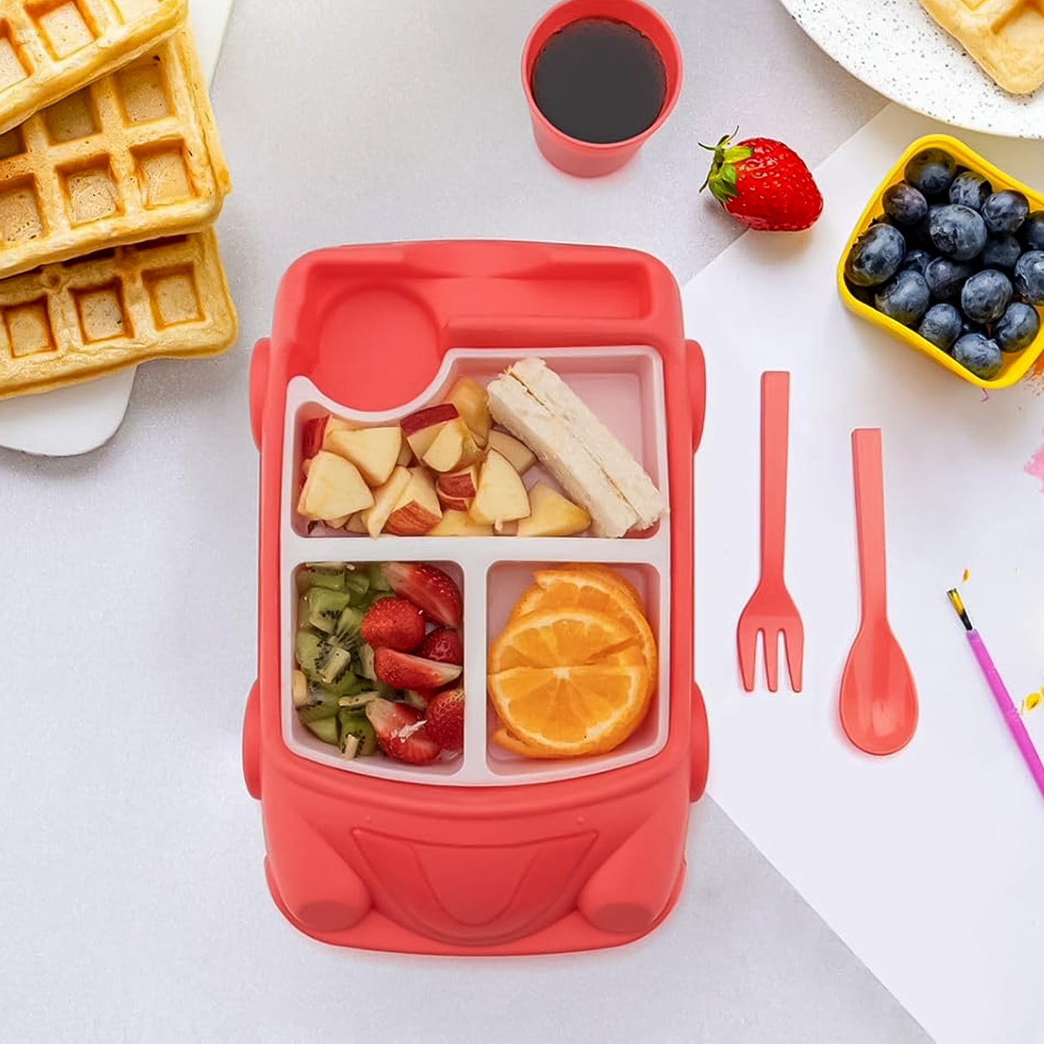 Kids Car Shaped Plates Cup  Lunch Box Dinnerware Set (4 Pcs Set  1000 Ml Lunch Box) - Shop Gharse
