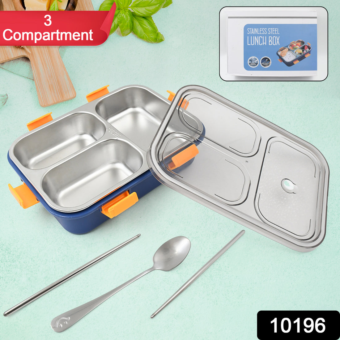 3 Compartment Transparent Stainless Steel Lunch Box With A Spoon And A Pair Of Chopsticks (1 Set) - Shop Gharse