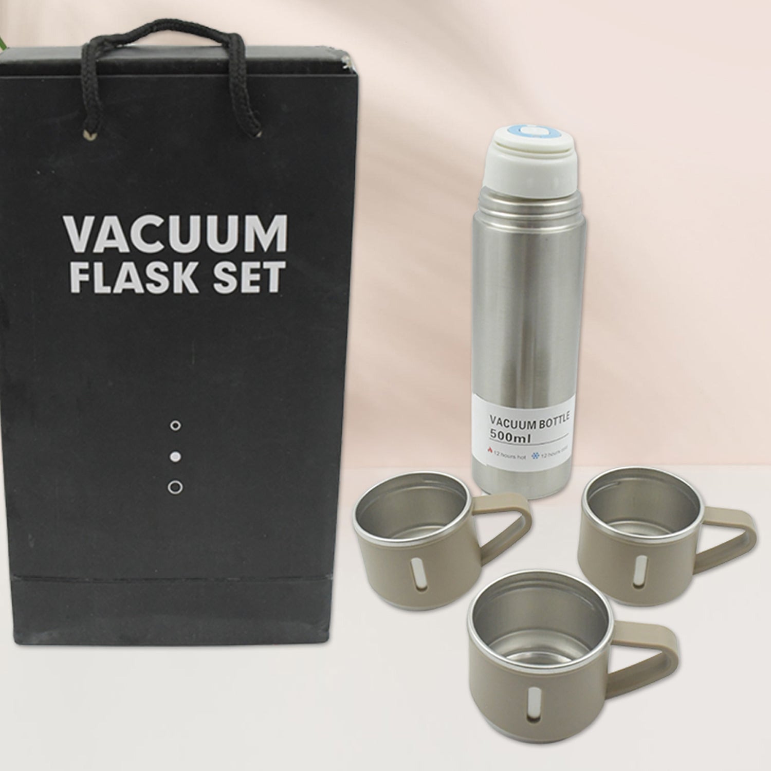 2834 Stainless Steel Vacuum Flask Set With 3 Steel Cups Combo For Coffee Hot Drink And Cold Water Flask Ideal Gifting Travel Friendly Latest Flask Bottle. (500ml) - Shop Gharse