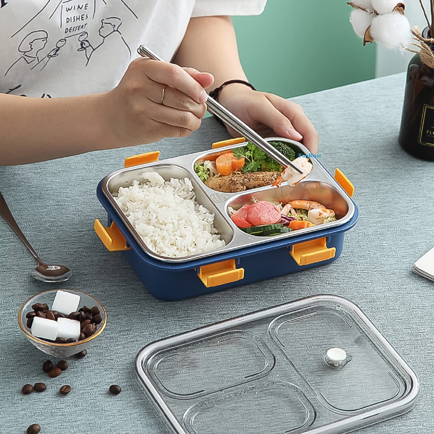 3 Compartment Transparent Stainless Steel Lunch Box With A Spoon And A Pair Of Chopsticks (1 Set) - Shop Gharse