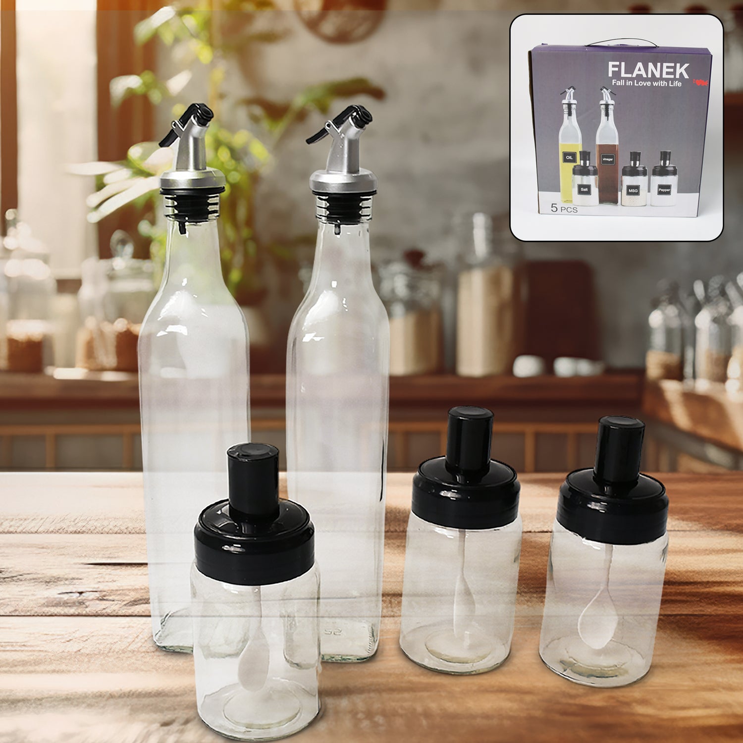 10011 Transparent Glassoil Dispenser 500 Ml Bottle Set Of 2 Spice Jar 250 Ml Set Of 3 Oil Bottle For Kitchen Oil  Vinegar Storage Glass Bottle Glass Container For Spice Masala (5 Pcs Set) - Shop Gharse