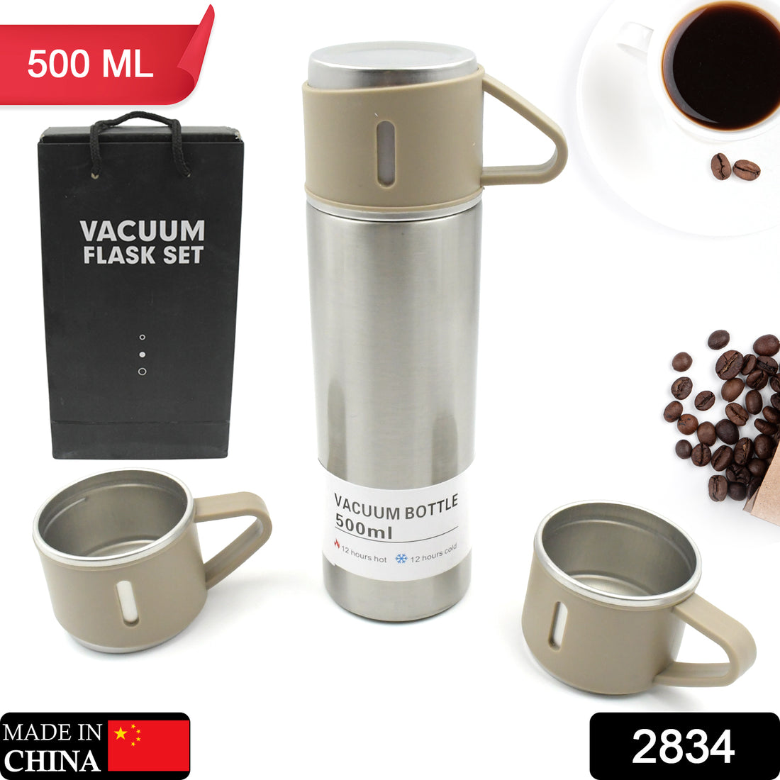 2834 Stainless Steel Vacuum Flask Set With 3 Steel Cups Combo For Coffee Hot Drink And Cold Water Flask Ideal Gifting Travel Friendly Latest Flask Bottle. (500ml) - Shop Gharse