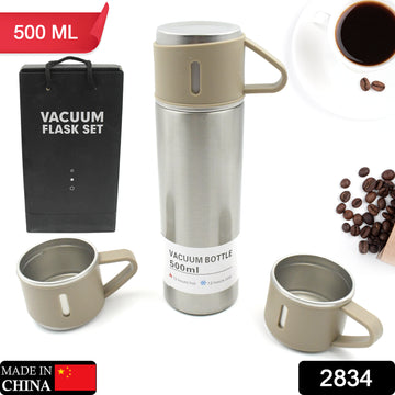 2834 Stainless Steel Vacuum Flask Set With 3 Steel Cups Combo For Coffee Hot Drink And Cold Water Flask Ideal Gifting Travel Friendly Latest Flask Bottle. (500ml) - Shop Gharse