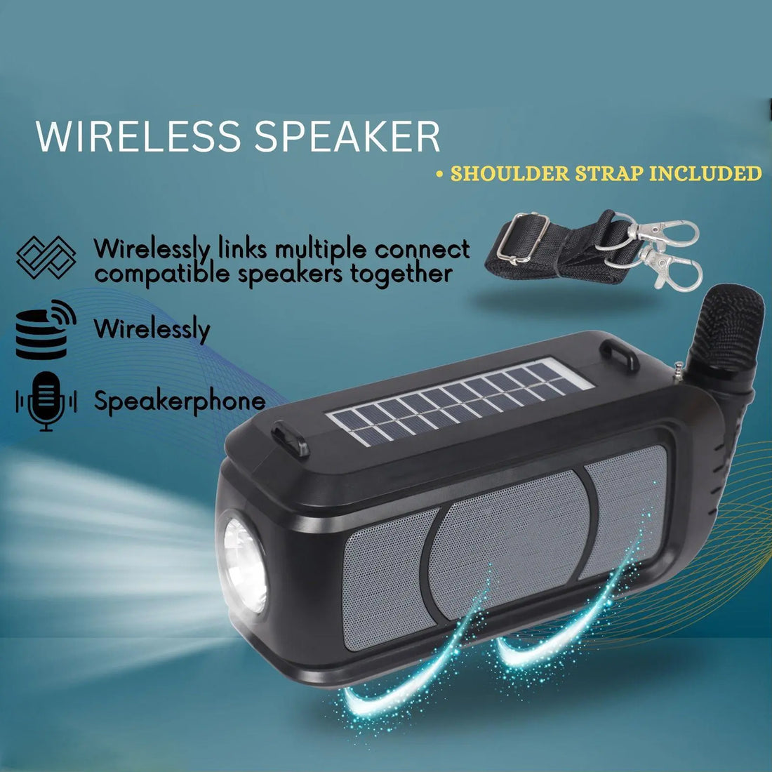 Wireless Bluetooth Speaker 5w High Bass With Wireless Mic  Microphone Led Torch Solar Charging Support Usb  Adjustable Strap (1 Set) - Shop Gharse