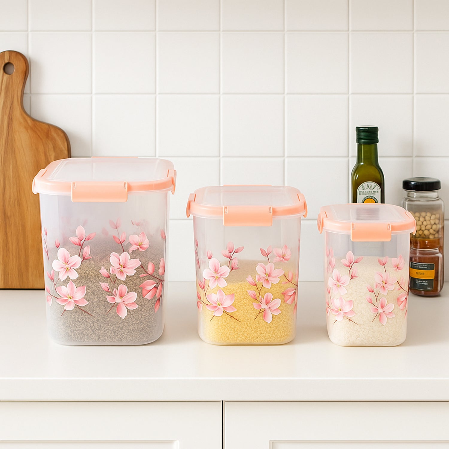 Square 3 Pcs Floral Printed Airtight Storage Container Set  Approx 2.8 Ltr 4.5 Ltr 6.9 Ltr (3 Pcs Set) - Shop Gharse