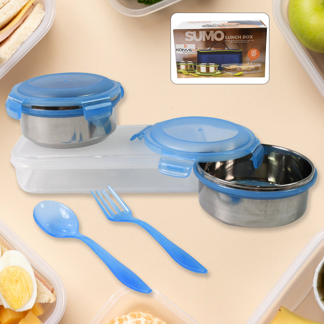 Sumo Lunch Box With Lunch Bag Plastic Lunch Box  Plastic Spoon Fork (2 Pc Set  With Lunch Box) - Shop Gharse
