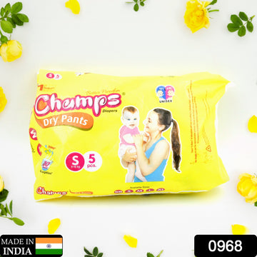 0968 Small  Champs Dry Pants Style Diaper- Small Best For Travel  Absorption Champs Baby Diapers Champs Soft And Dry Baby Diaper Pants (S5 Pcs ) - Shop Gharse