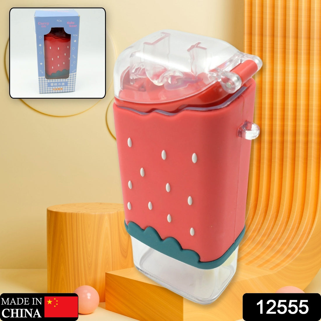 12555 Portable Cute Water Bottle For Kids Unique Ice Cream Shape Water Cup Popsicle Shaped Plastic Kettle With Straw Adjustable Shoulder Strap Bpa Free Leakproof (300 Ml) - Shop Gharse