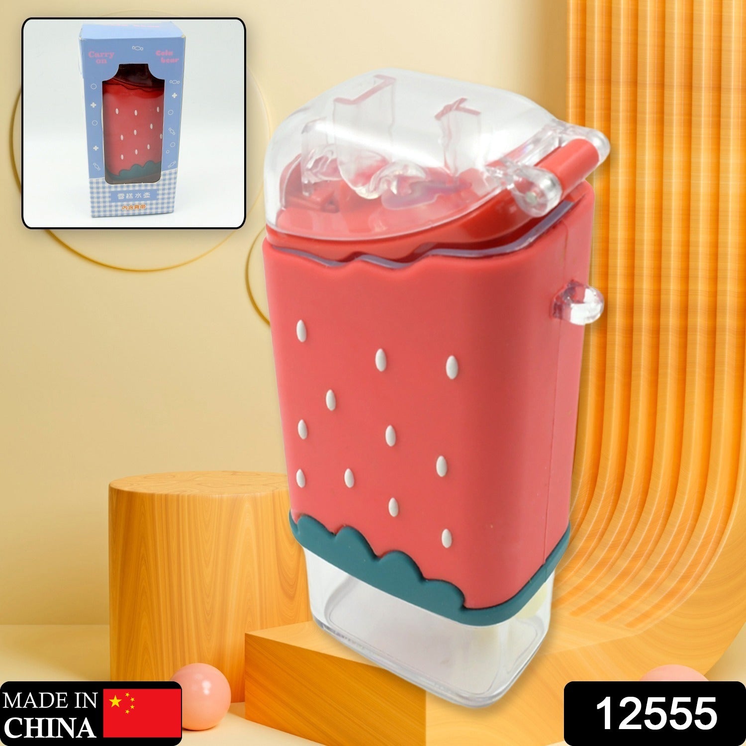 12555 Portable Cute Water Bottle For Kids Unique Ice Cream Shape Water Cup Popsicle Shaped Plastic Kettle With Straw Adjustable Shoulder Strap Bpa Free Leakproof (300 Ml) - Shop Gharse