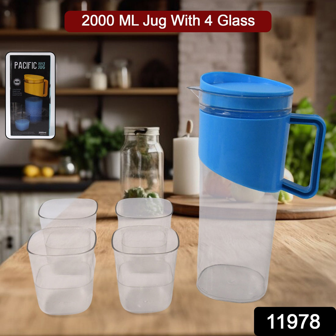 Transparent Stylish Premium Jug With Elegant Handle (2000 Ml Jug Approx  4 Pcs Plastic Glass) - Shop Gharse