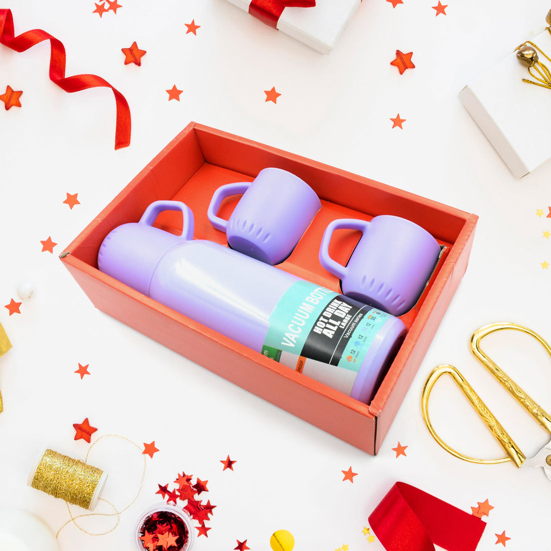 5533 Vacuum Flask Set Stainless Steel Thermos With 3 Cup Creative Gift Set With Cover Handle Portable Car Water Bottle Set (Approx 500ml) - Shop Gharse