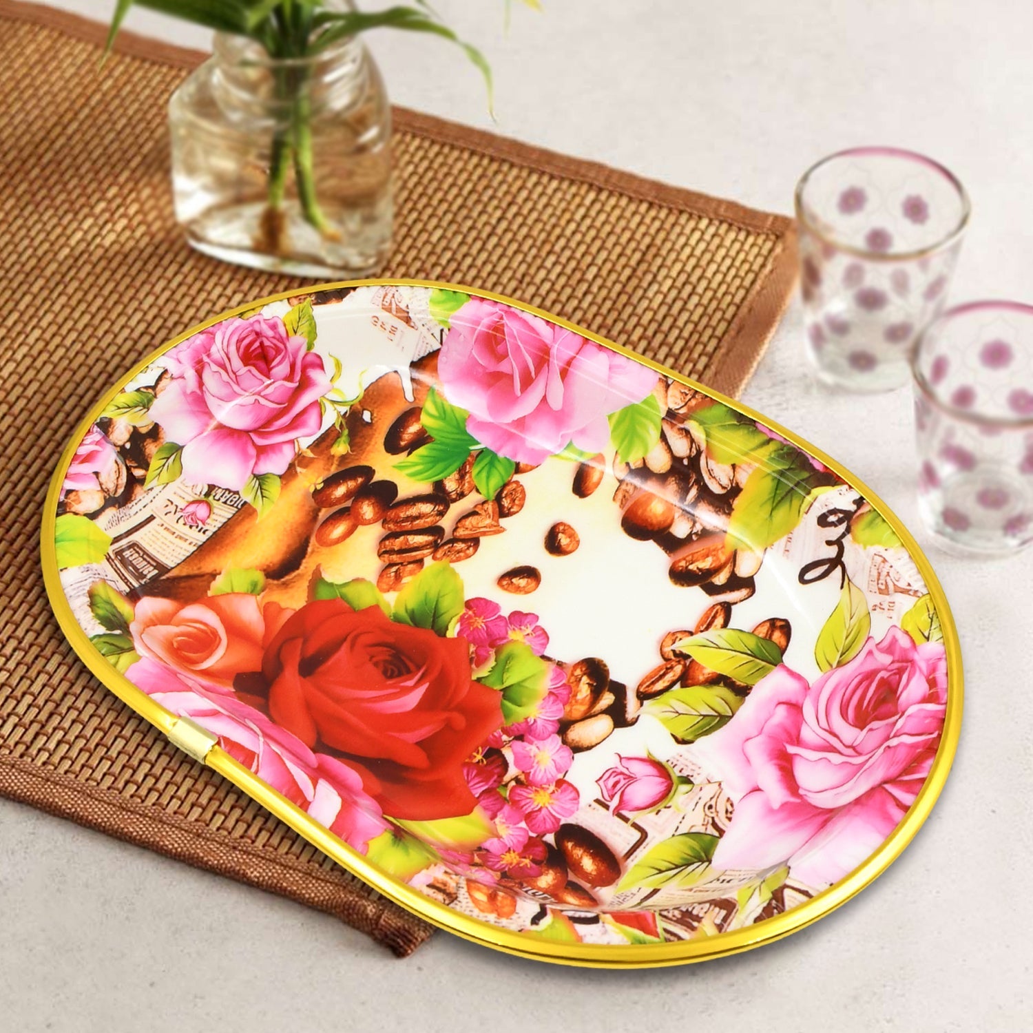 Plastic Flower Printed Design Serving Tray (3 Pcs Set  Mix Color) - Shop Gharse