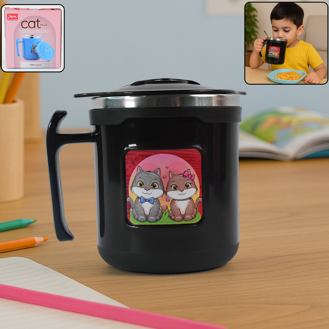 1 Pc Apex Cat Mug  250 Ml Stainless Steel Insulated Inner With Cute Cat Print - Shop Gharse