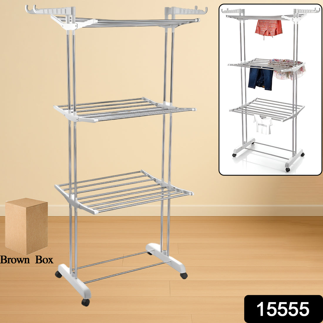 3-tier Foldable Stainless Steel Cloth Drying Stand With Wheels - Shop Gharse