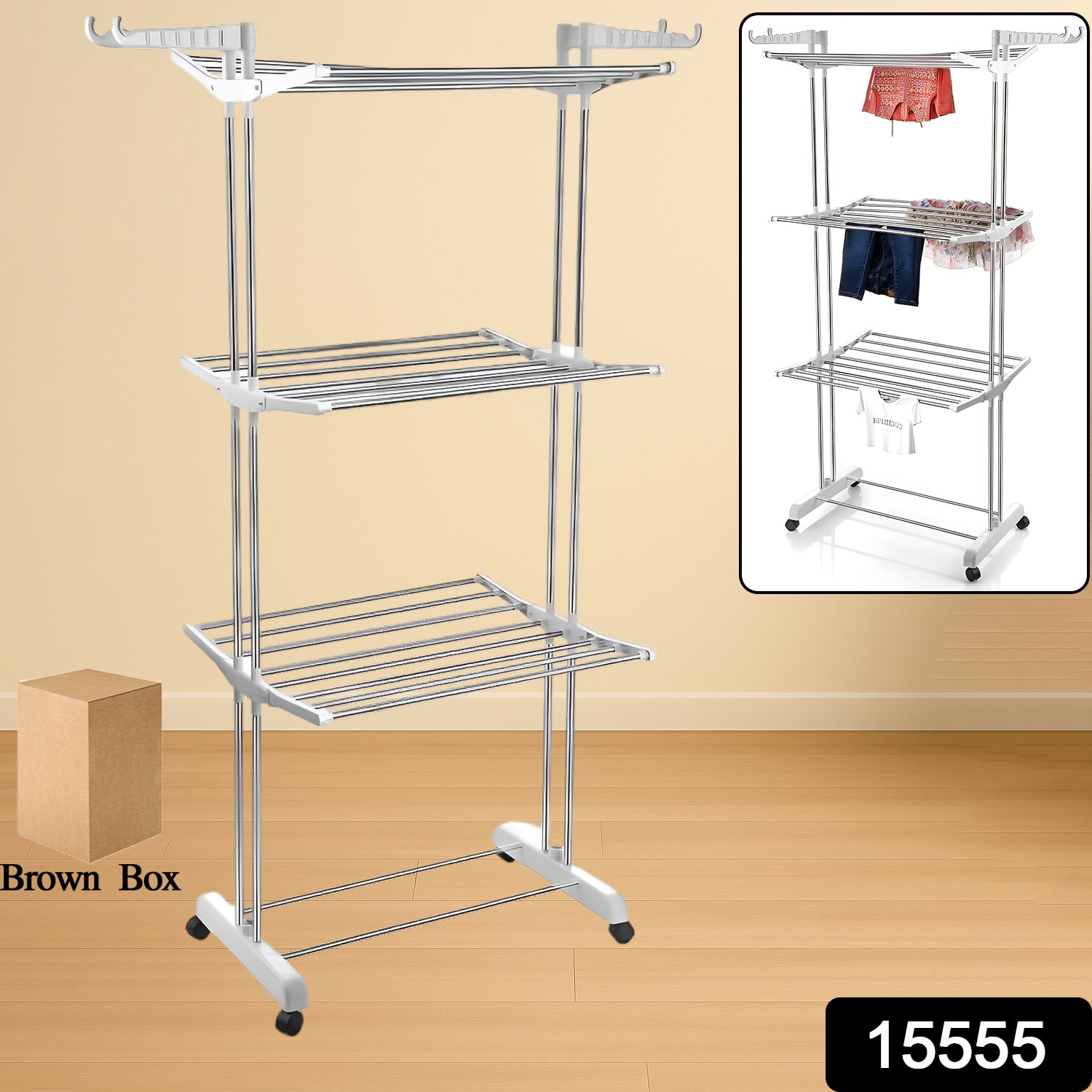 3-tier Foldable Stainless Steel Cloth Drying Stand With Wheels - Shop Gharse
