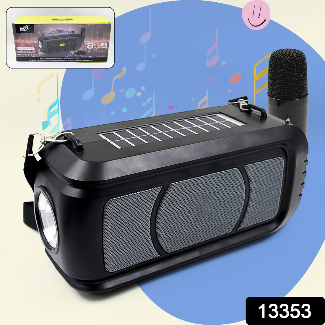 Wireless Bluetooth Speaker 5w High Bass With Wireless Mic  Microphone Led Torch Solar Charging Support Usb  Adjustable Strap (1 Set) - Shop Gharse